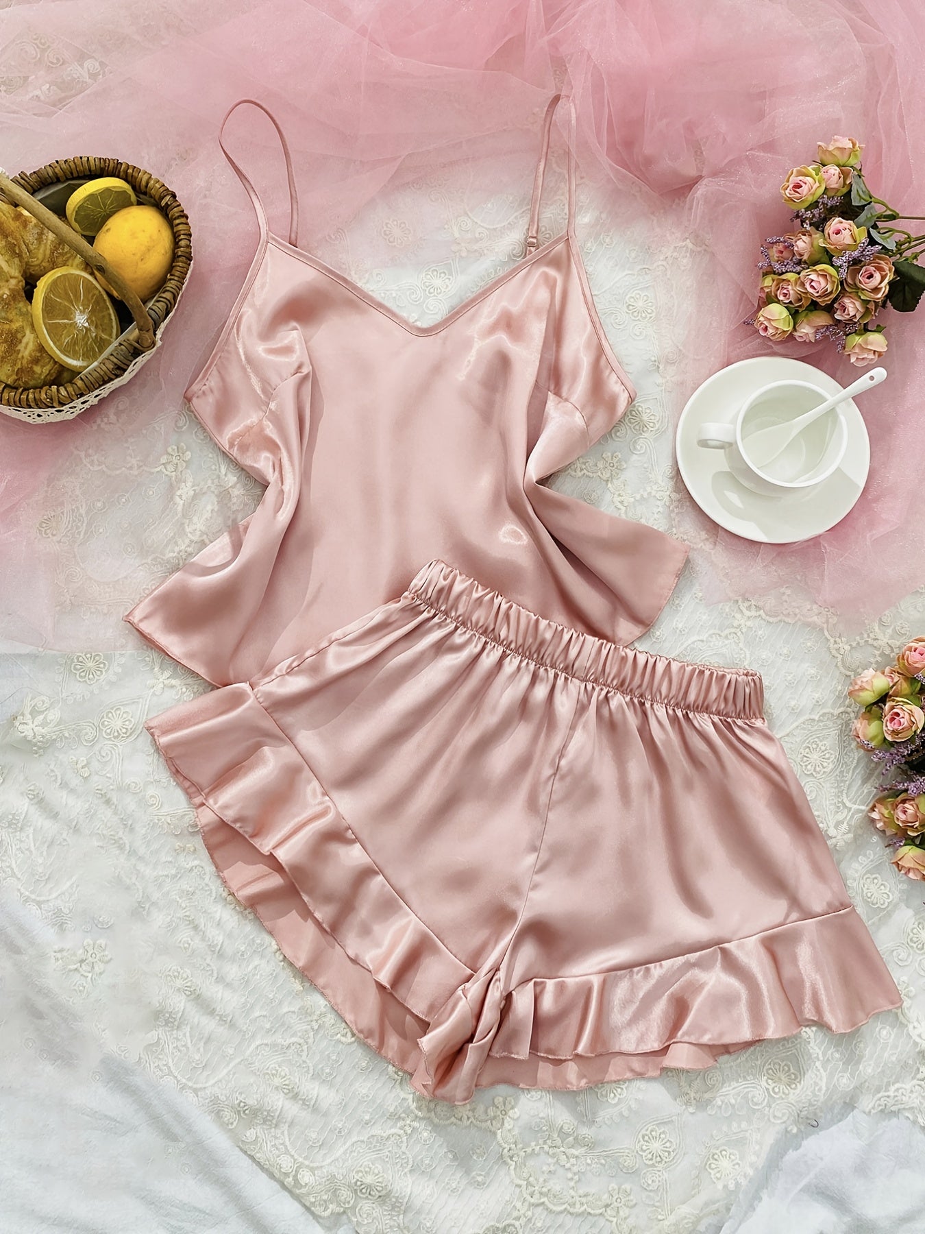 Sexy & Elegant Pajama , Satin Solid Plunge Neck Cami Tops & Elastic Waistband Ruffle Hem Shorts For Valentine's Gifts, Womens Loungewear & Sleepwear