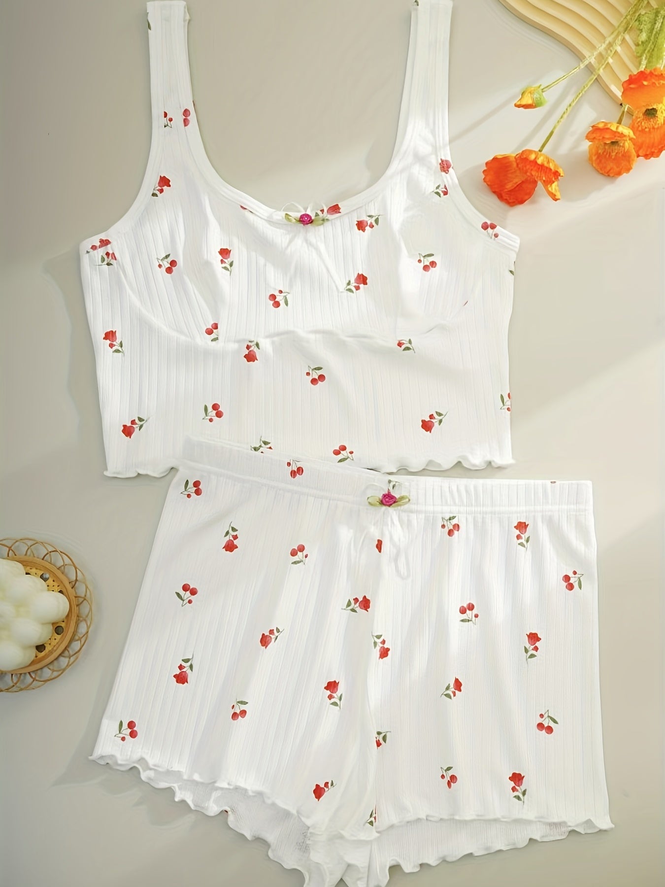 Floral Print Pajama Set, Crew Neck Tank Top & Lettuce Trim Shorts, Women's Sleepwear & Loungewear