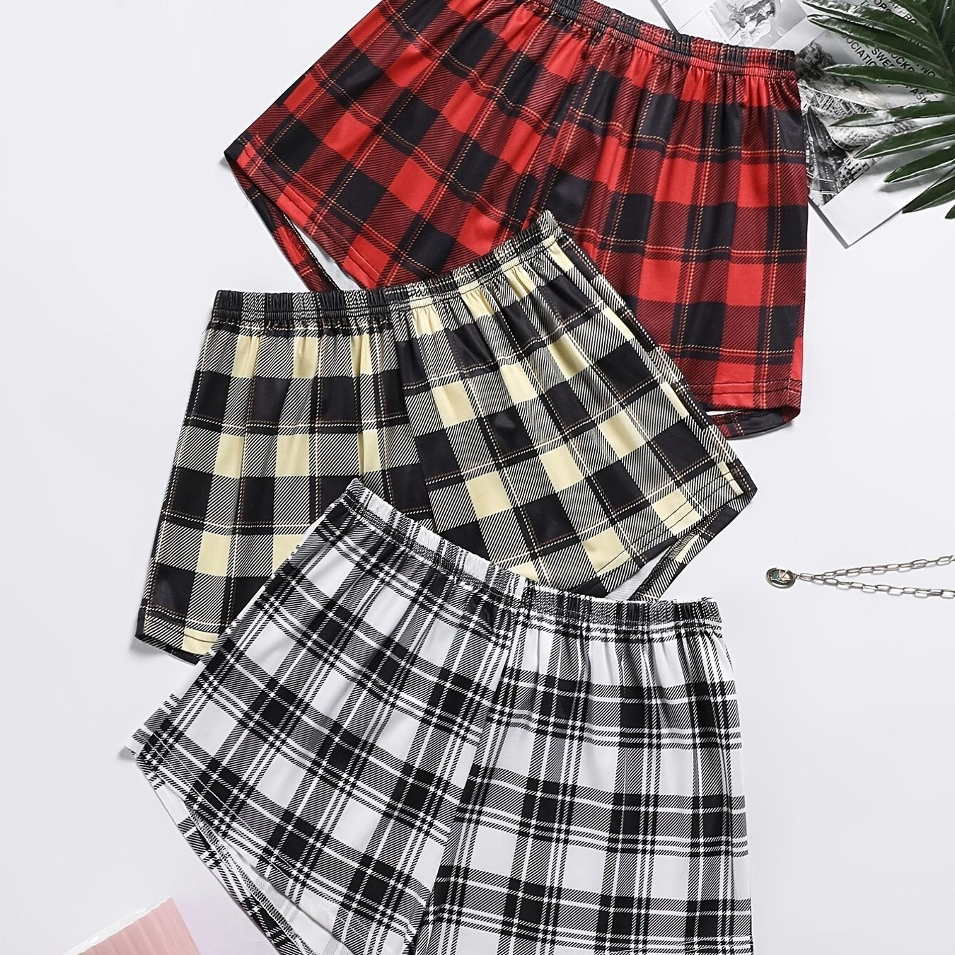 3pack Plaid Print Elastic Waist Pajama Bottom Sleepwear Lounge Short Red Black White , Women's Loungewear & Sleepwear