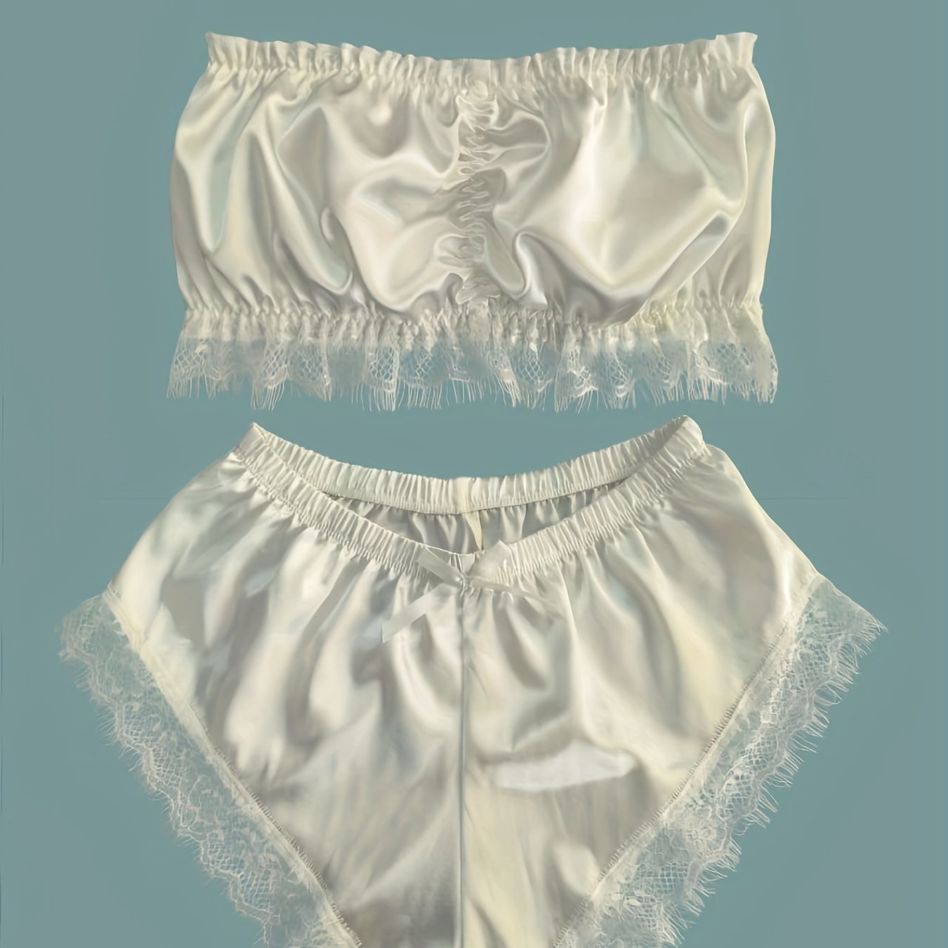 Lace Trim Pajama Set, Satin Tube Tops & Shorts Set, Women's Sleepwear & Loungewear