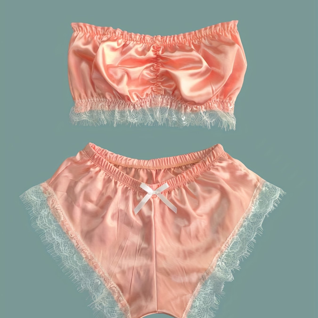 Lace Trim Pajama Set, Satin Tube Tops & Shorts Set, Women's Sleepwear & Loungewear