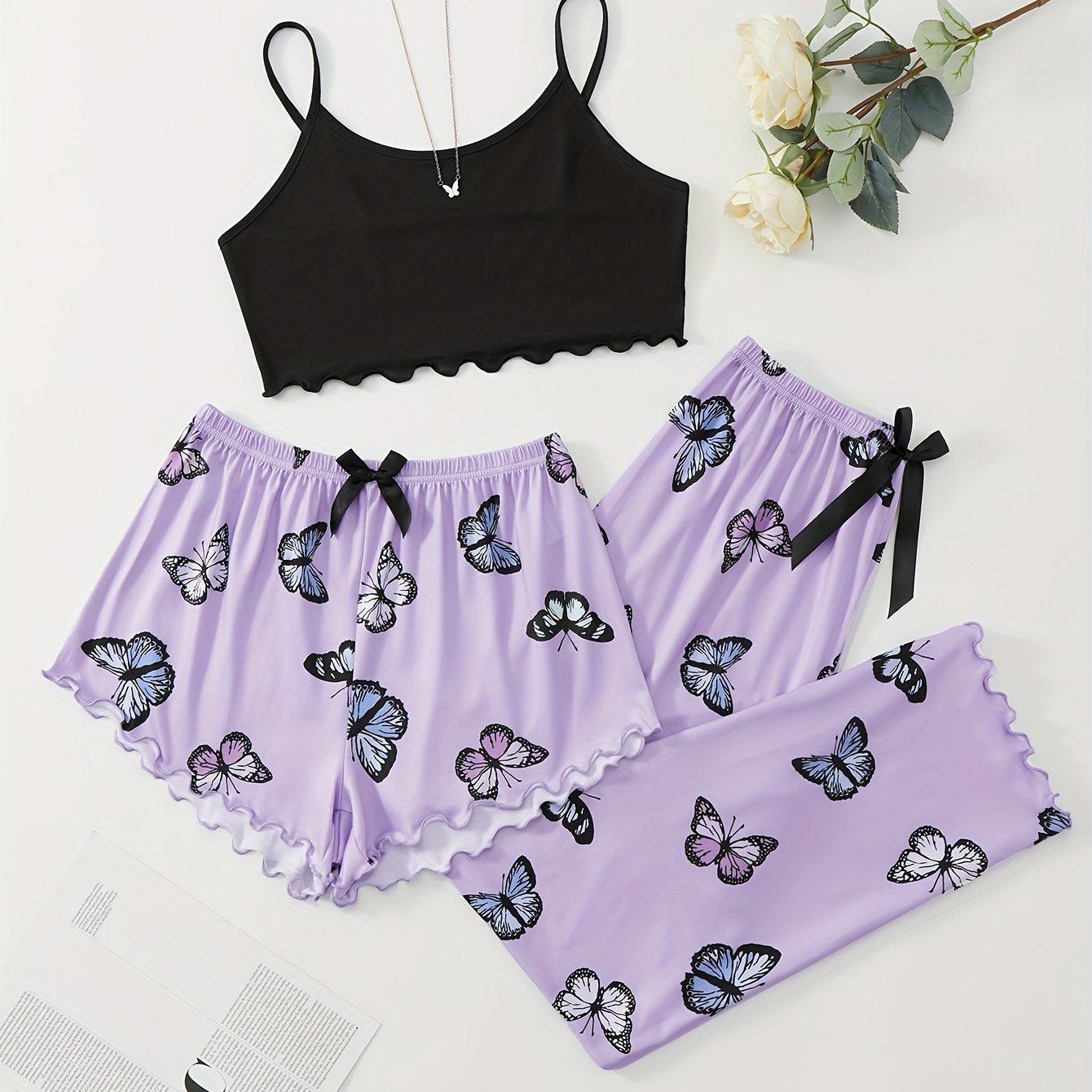 3-piece Summer Star Moon Print Pajamas Set, Ruffle-trimmed Sleeveless Suspender Top & Comfortable Shorts & Loose Long Pants, Women's Lingerie &  Sleepwear