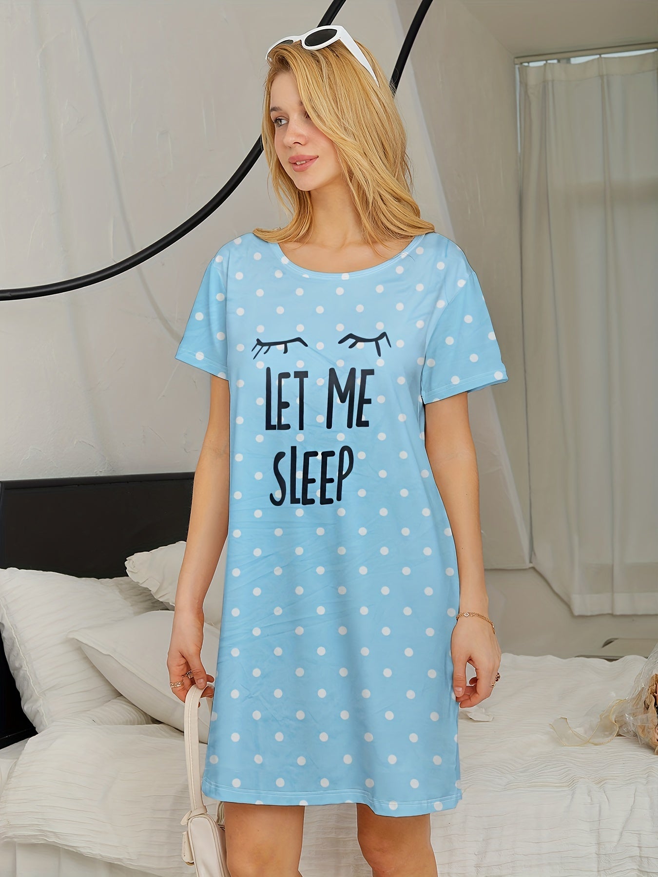 Letter Print Polka Dot NightDress, Short Sleeve Crew Neck Pajama Dress, Women's Sleepwear & Dresses
