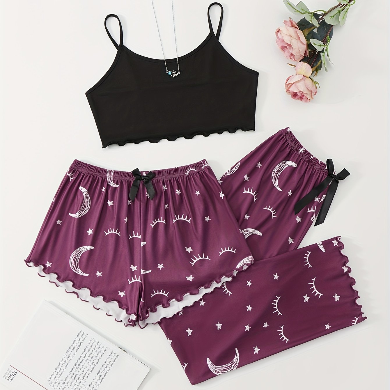 3-piece Summer Star Moon Print Pajamas Set, Ruffle-trimmed Sleeveless Suspender Top & Comfortable Shorts & Loose Long Pants, Women's Lingerie &  Sleepwear
