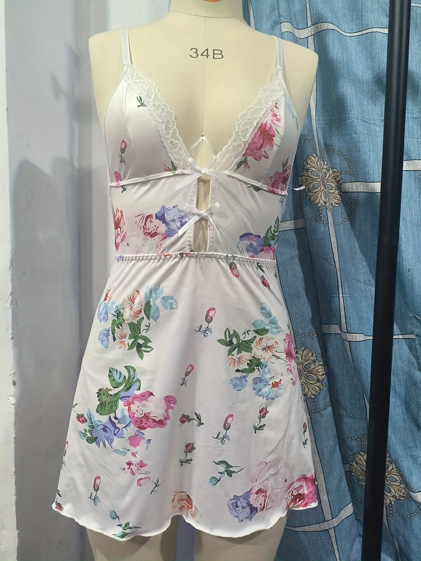 Floral Print Slip Nightdress, Sexy Lace Trim Deep V Hollow Out Sleep Dress, Women's Sleepwear & Dresses