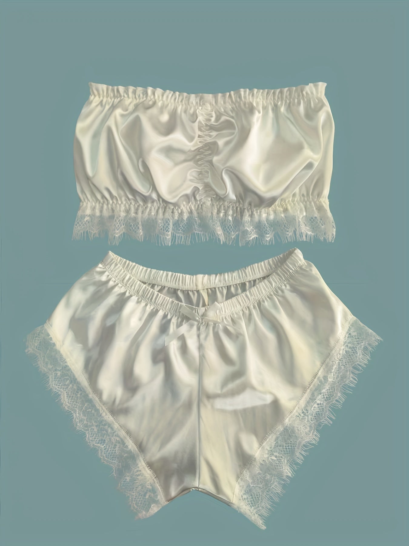 Lace Trim Pajama Set, Satin Tube Tops & Shorts Set, Women's Sleepwear & Loungewear