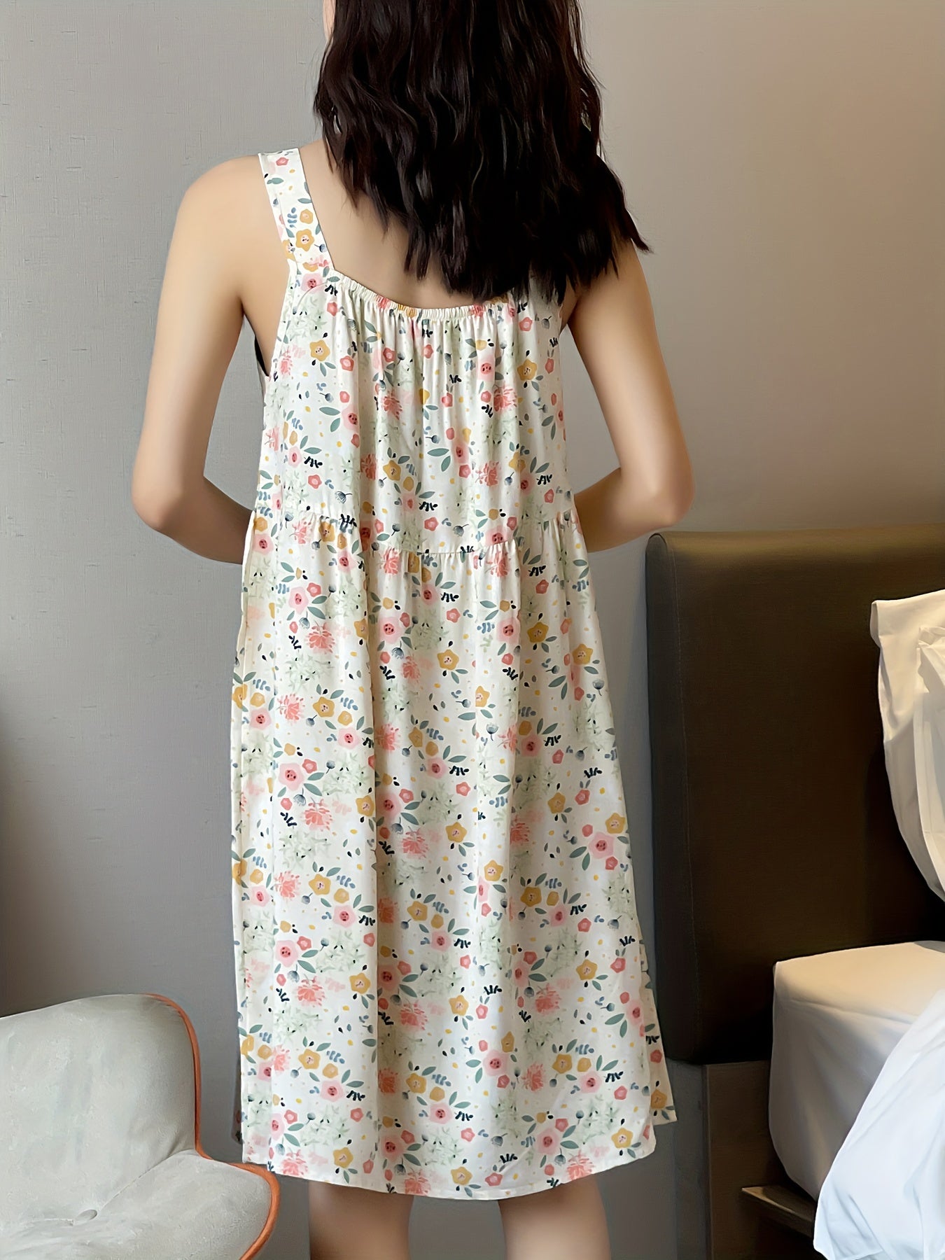 Floral Print Nightdress, Casual Comfy Lace Trim Tank Sleep Dress, Women's Sleepwear & Dresses