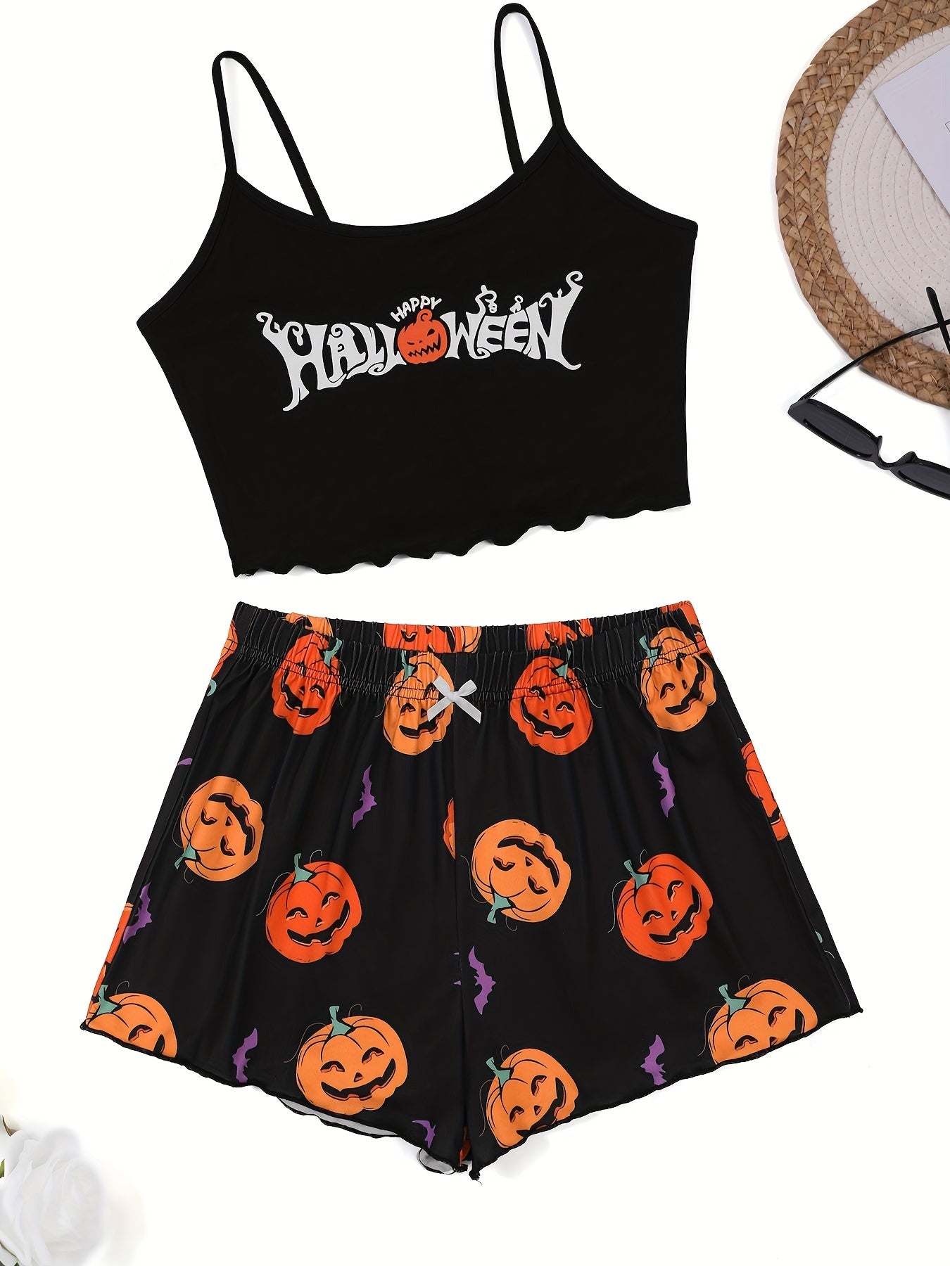 Pumpkin Print Pajama Set, Crew Neck Cami Top & Lettuce Trim Shorts, Women's Sleepwear & Loungewear