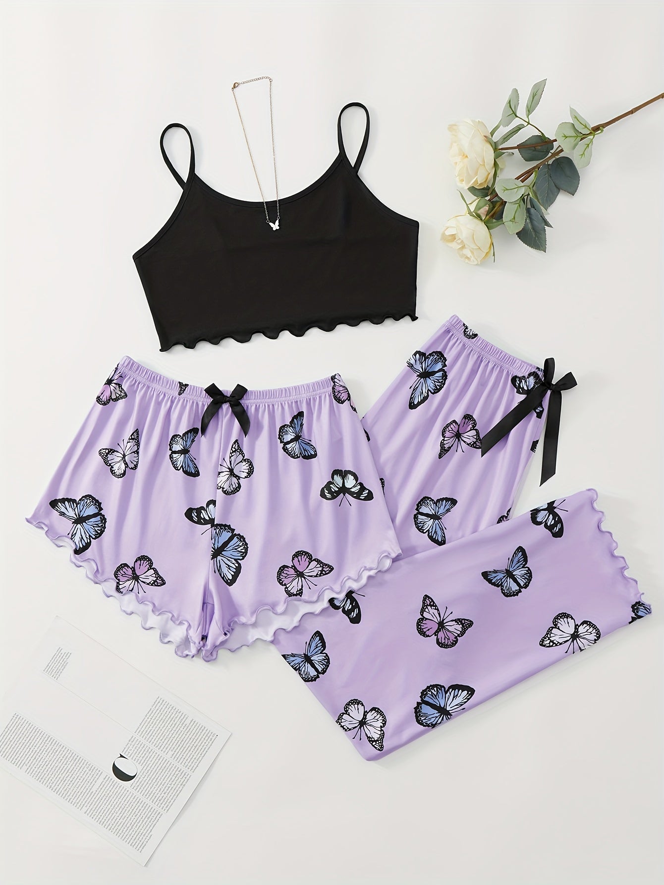 3-piece Summer Star Moon Print Pajamas Set, Ruffle-trimmed Sleeveless Suspender Top & Comfortable Shorts & Loose Long Pants, Women's Lingerie &  Sleepwear