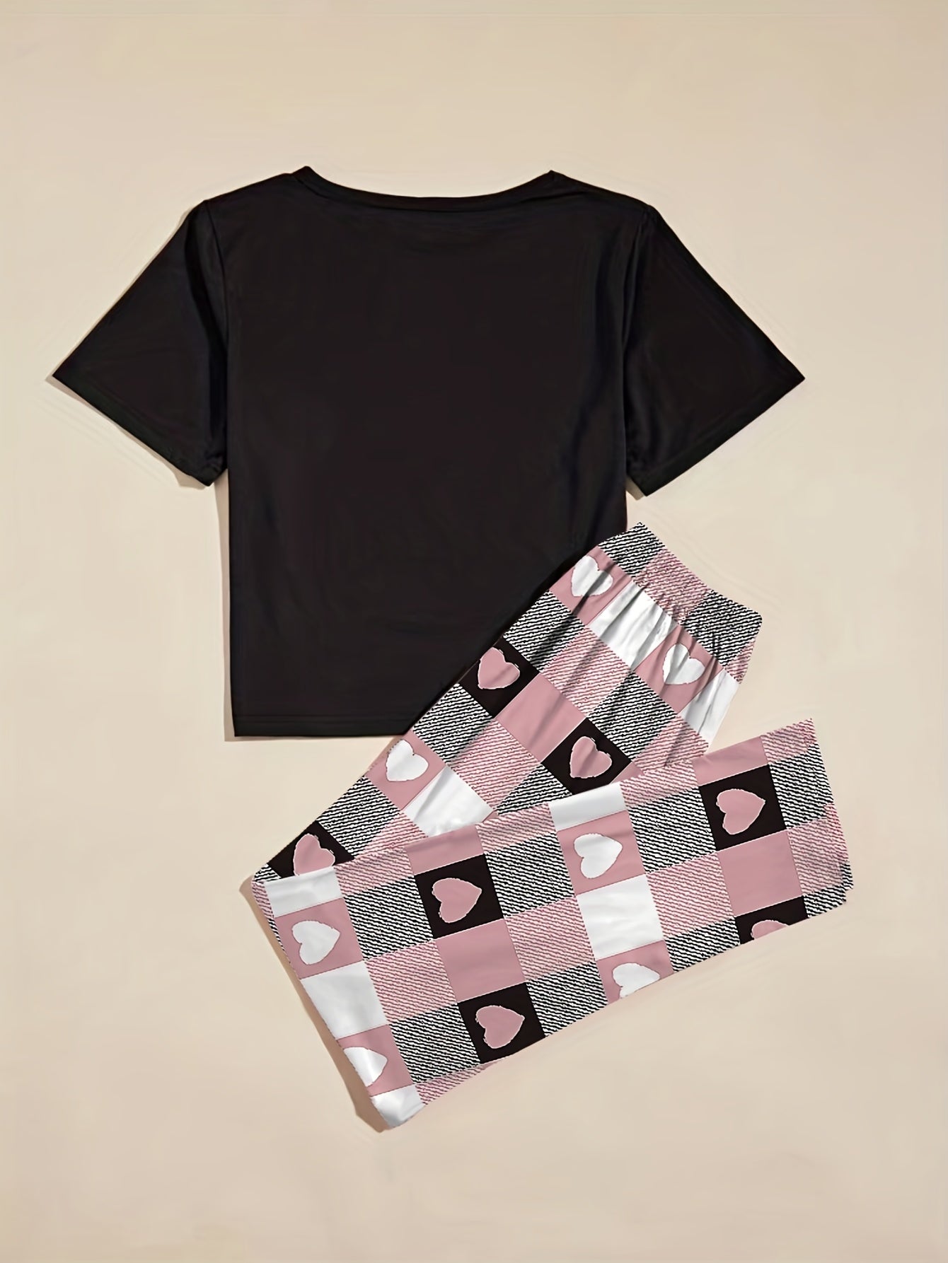 Heart & Letter Print Pajama Set, Casual Short Sleeve Tops & Plaid Print Elastic Waist Long Pants, Women's Sleepwear & Loungewear
