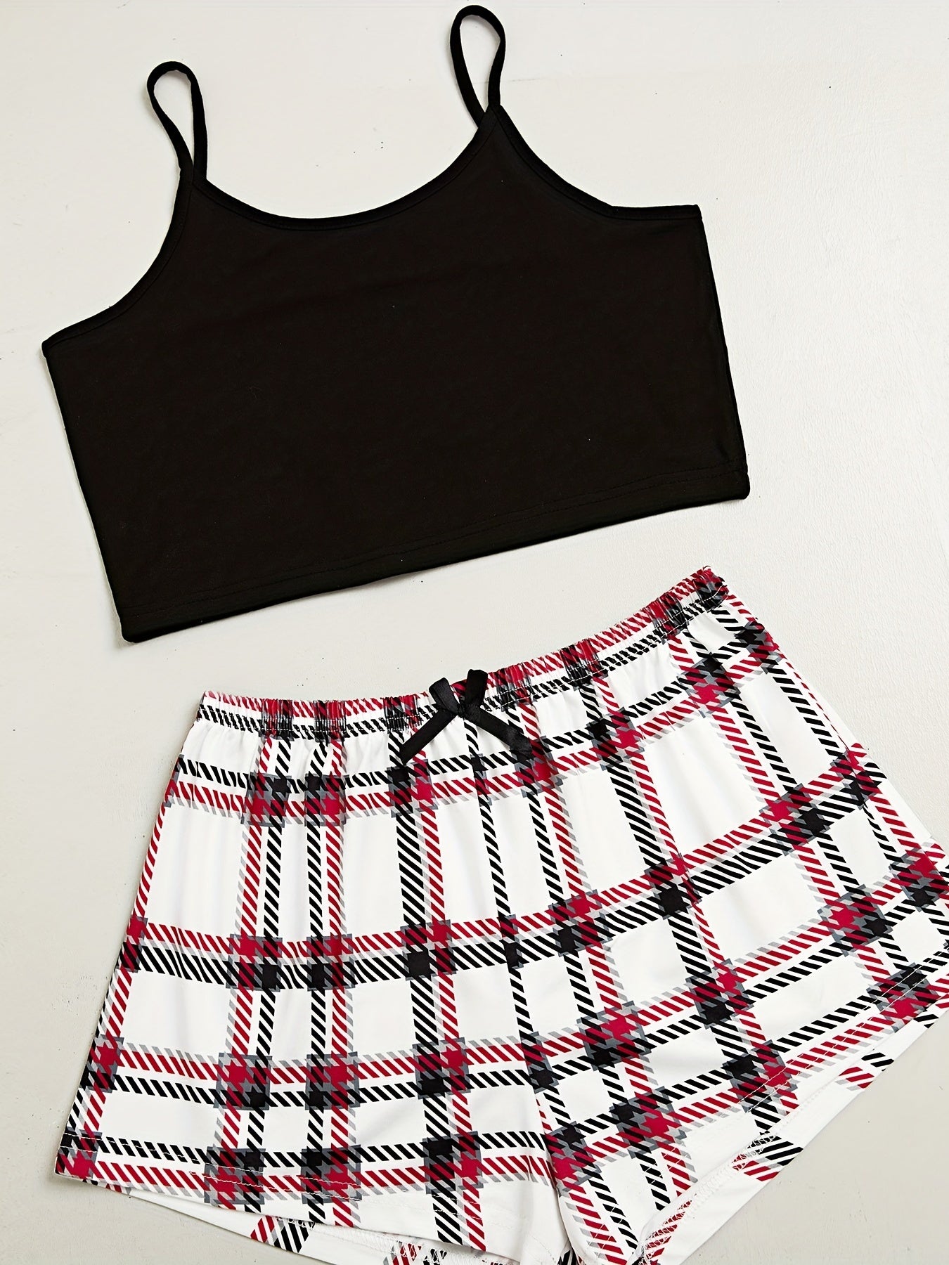 3-Piece Plaid Print Sleep Set, Solid Cami Top + Bow Shorts + Lounge Pants, Casual & Comfy Pajamas, Women's Loungewear & Sleepwear