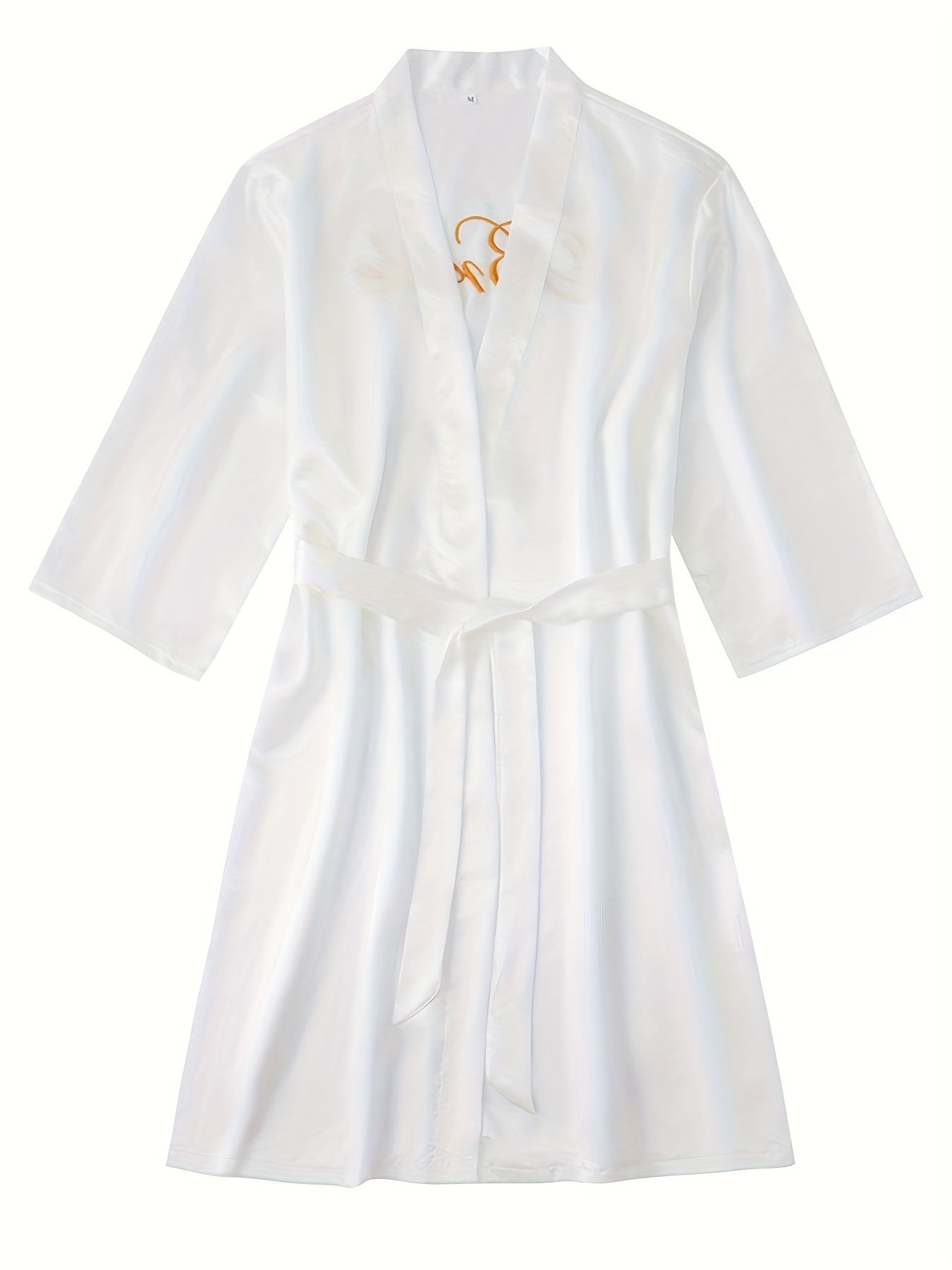 Letter Embroidery Night Robe, Elegant V Neck Bridal Robe With Belt, Women's Sleepwear