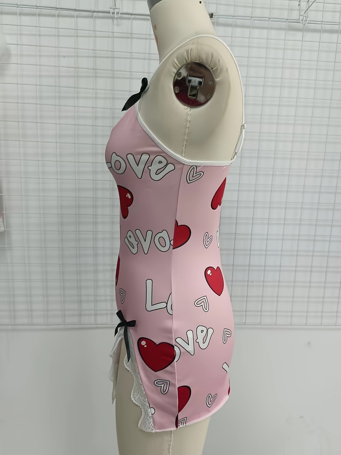 Heart & Letter Floral Slip Nightdress, Lace Trim Deep V Side Split Sleep Dress, Women's Sleepwear & Dresses