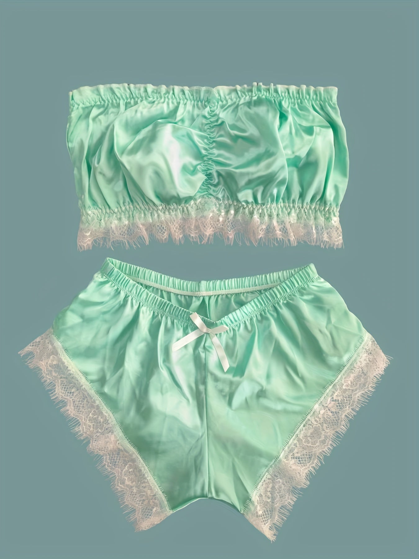 Lace Trim Pajama Set, Satin Tube Tops & Shorts Set, Women's Sleepwear & Loungewear