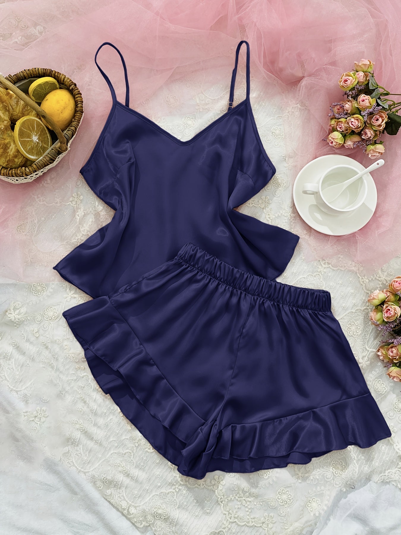 Sexy & Elegant Pajama , Satin Solid Plunge Neck Cami Tops & Elastic Waistband Ruffle Hem Shorts For Valentine's Gifts, Womens Loungewear & Sleepwear