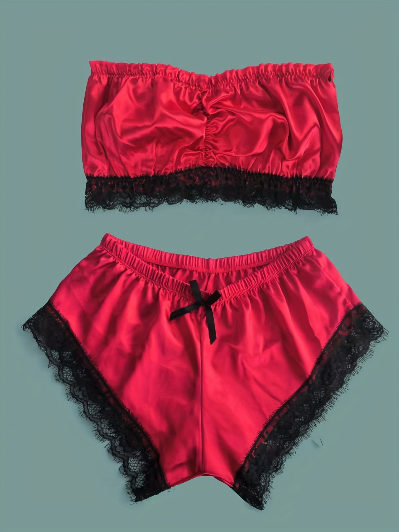 Lace Trim Pajama Set, Satin Tube Tops & Shorts Set, Women's Sleepwear & Loungewear