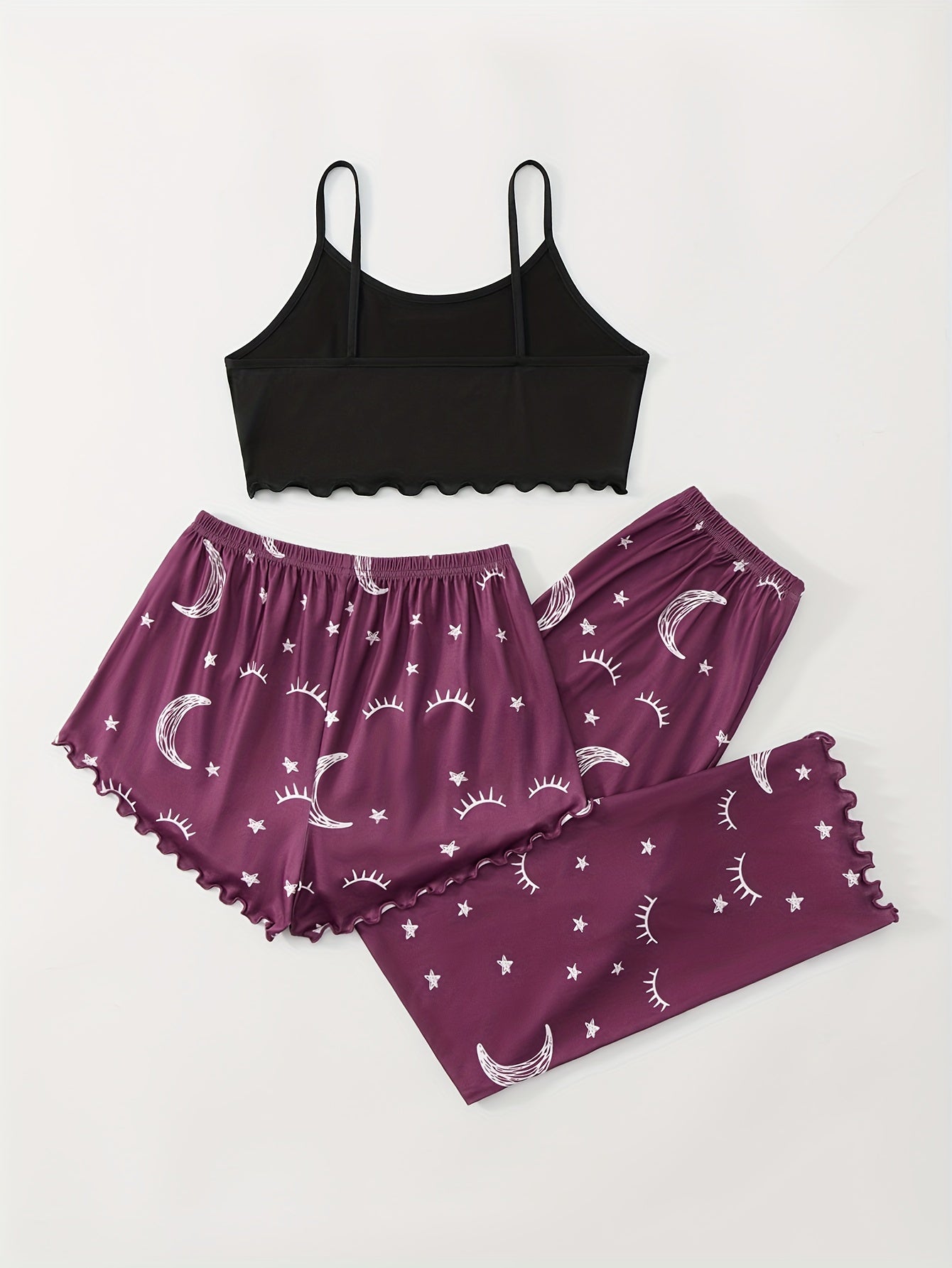 3-piece Summer Star Moon Print Pajamas Set, Ruffle-trimmed Sleeveless Suspender Top & Comfortable Shorts & Loose Long Pants, Women's Lingerie &  Sleepwear