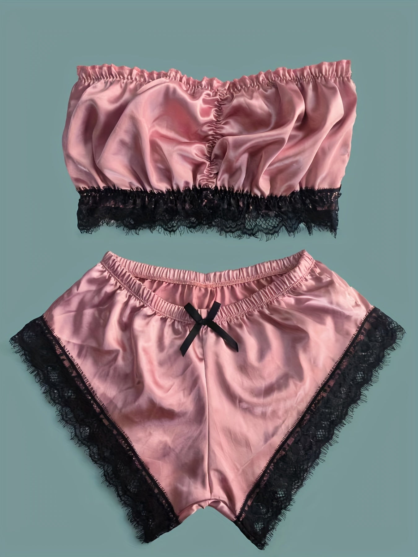 Lace Trim Pajama Set, Satin Tube Tops & Shorts Set, Women's Sleepwear & Loungewear