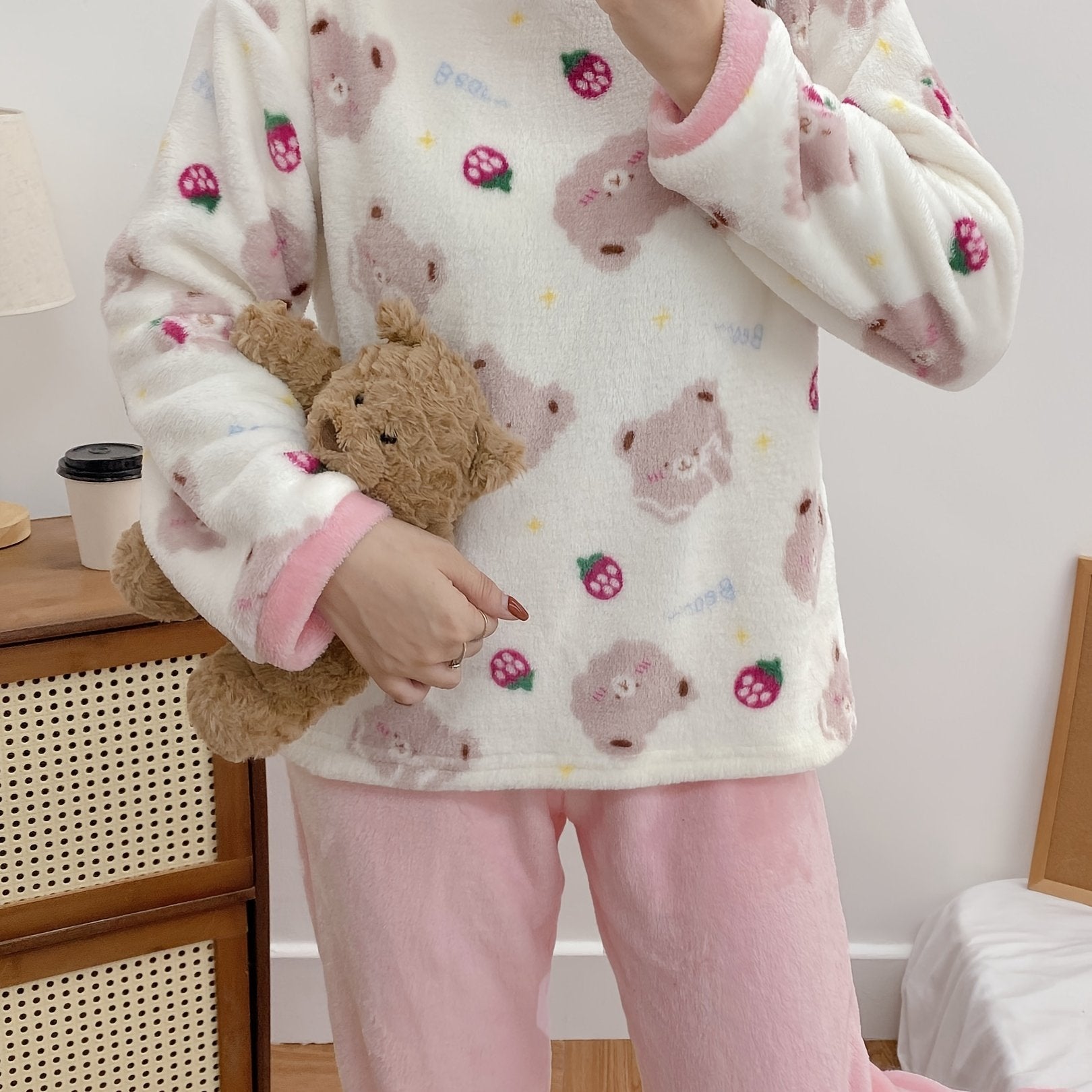 Cute Teddy Bear Warm & Thermal Loungewear , Long Sleeve Pullover Pajama Tops & Pants For Valentine's Gifts, Women's Sleepwear & Loungewear