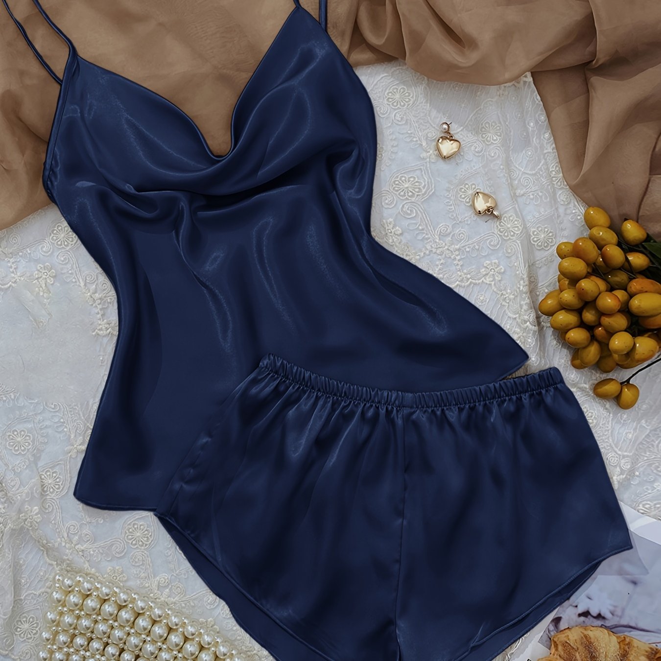 Elegant Pajama, Satin Floral Plunge Neck Cami Tops & Elastic Waistband Shorts For Valentine's Gifts, Womens Loungewear & Sleepwear