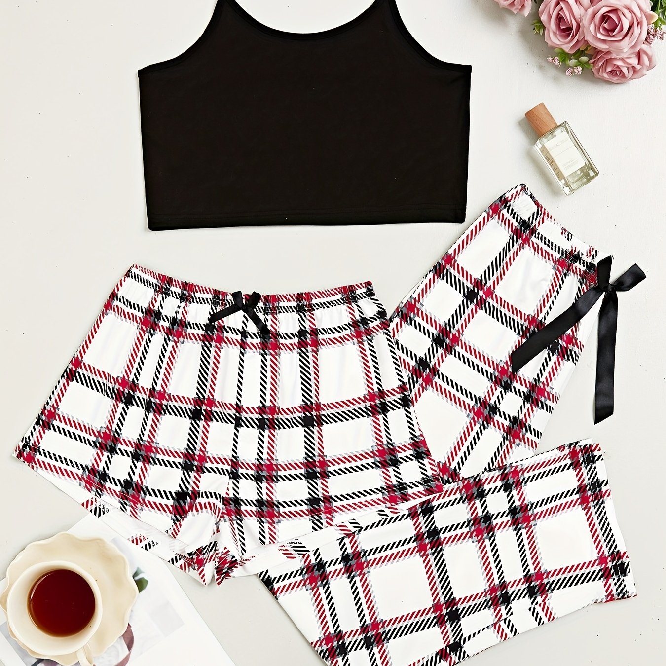 3-Piece Plaid Print Sleep Set, Solid Cami Top + Bow Shorts + Lounge Pants, Casual & Comfy Pajamas, Women's Loungewear & Sleepwear