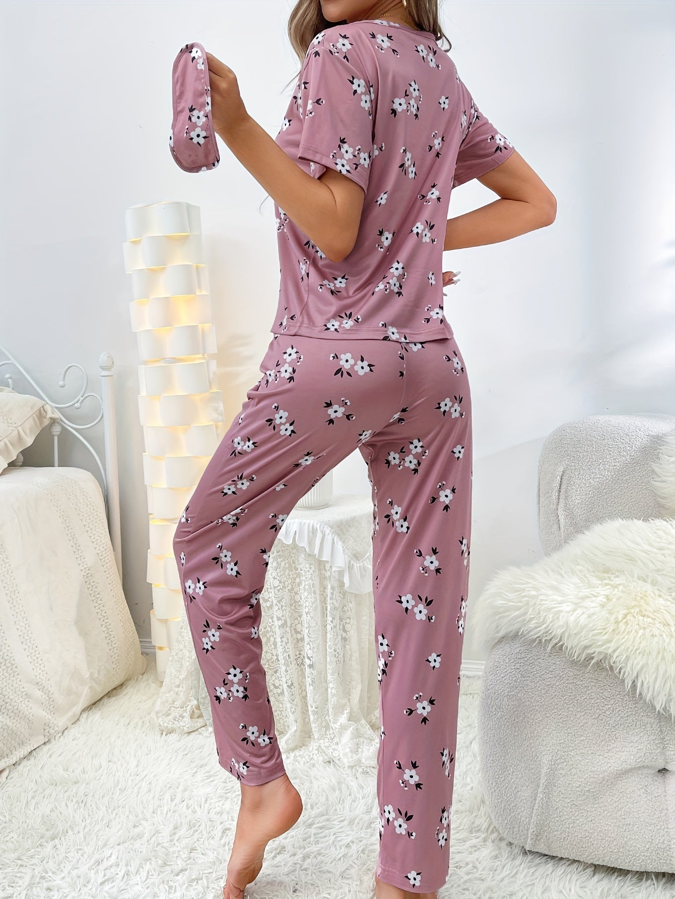 Floral Print Loose Pajamas, Short Sleeve Tee Top And Pants Pj Set, Women's Sleepwear & Loungewear