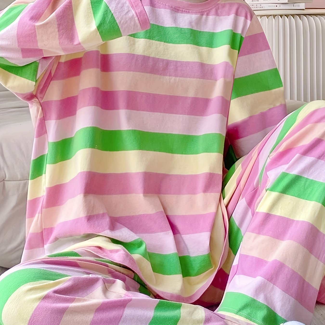 Rainbow Stripe Pajama Set, Casual Long Sleeve Crew Neck Top & Lounge Pants, Women's Sleepwear & Loungewear