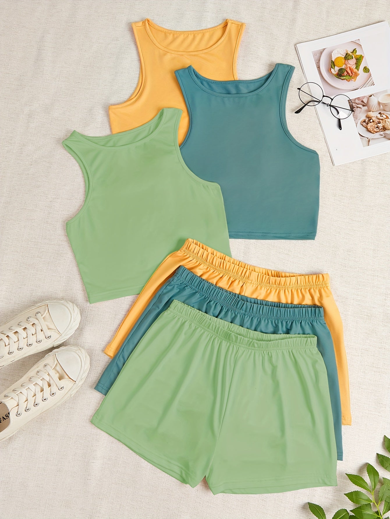 3 Sets Simple Solid Pajamas Set, Sleeveless Tank Top & Elastic Waistband Shorts PJ Set, Women's Loungewear & Sleepwear