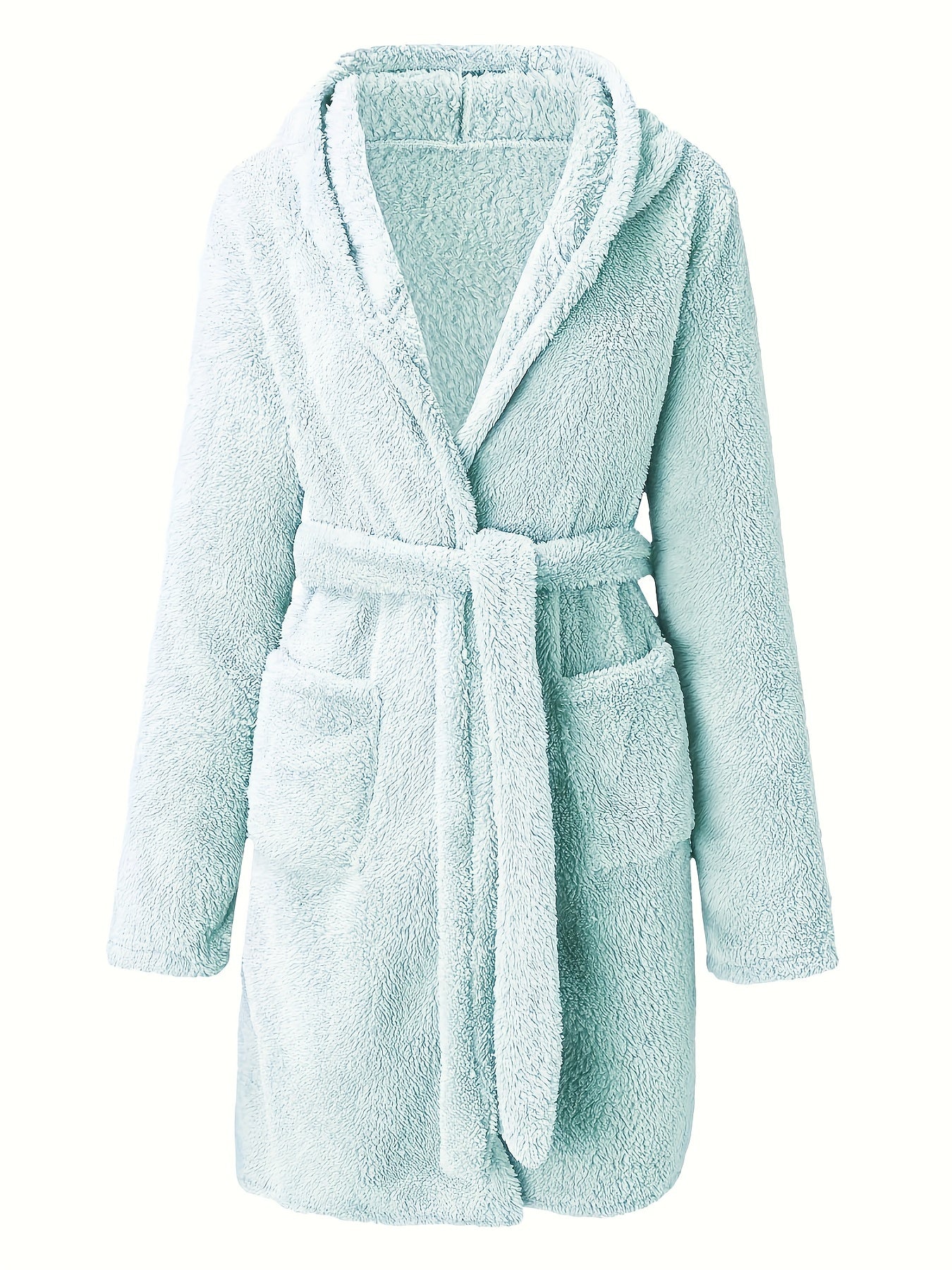 Solid Fuzzy Hooded Night Robe, Long Sleeve Pocket Robe With Belt, Women's Sleepwear