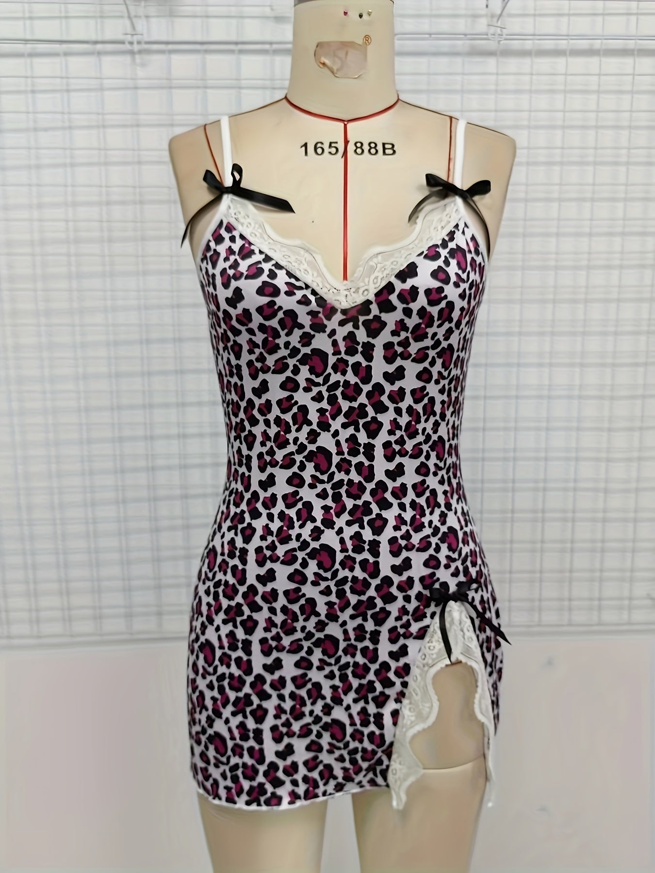Heart & Letter Floral Slip Nightdress, Lace Trim Deep V Side Split Sleep Dress, Women's Sleepwear & Dresses