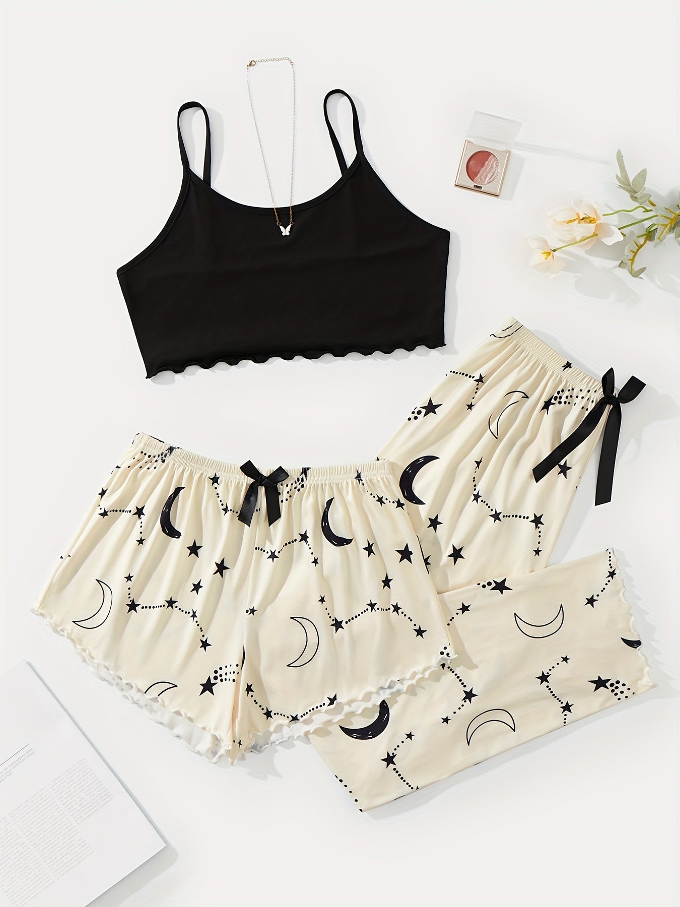 3-piece Summer Star Moon Print Pajamas Set, Ruffle-trimmed Sleeveless Suspender Top & Comfortable Shorts & Loose Long Pants, Women's Lingerie &  Sleepwear