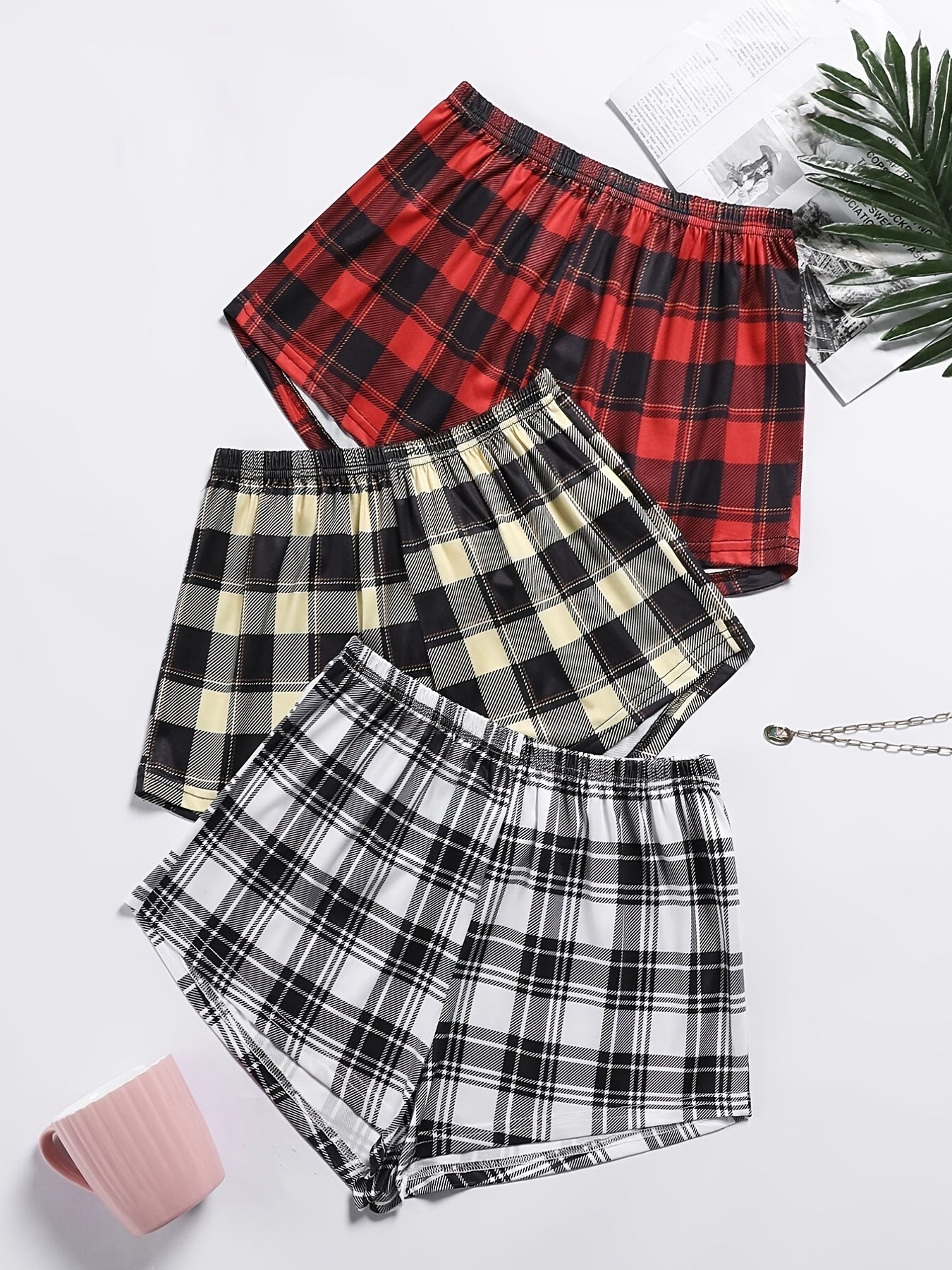 3pack Plaid Print Elastic Waist Pajama Bottom Sleepwear Lounge Short Red Black White , Women's Loungewear & Sleepwear