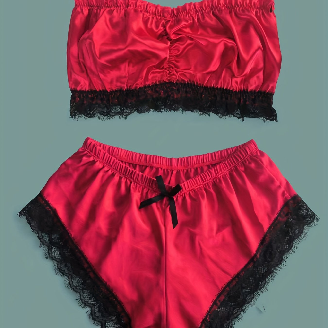 Lace Trim Pajama Set, Satin Tube Tops & Shorts Set, Women's Sleepwear & Loungewear