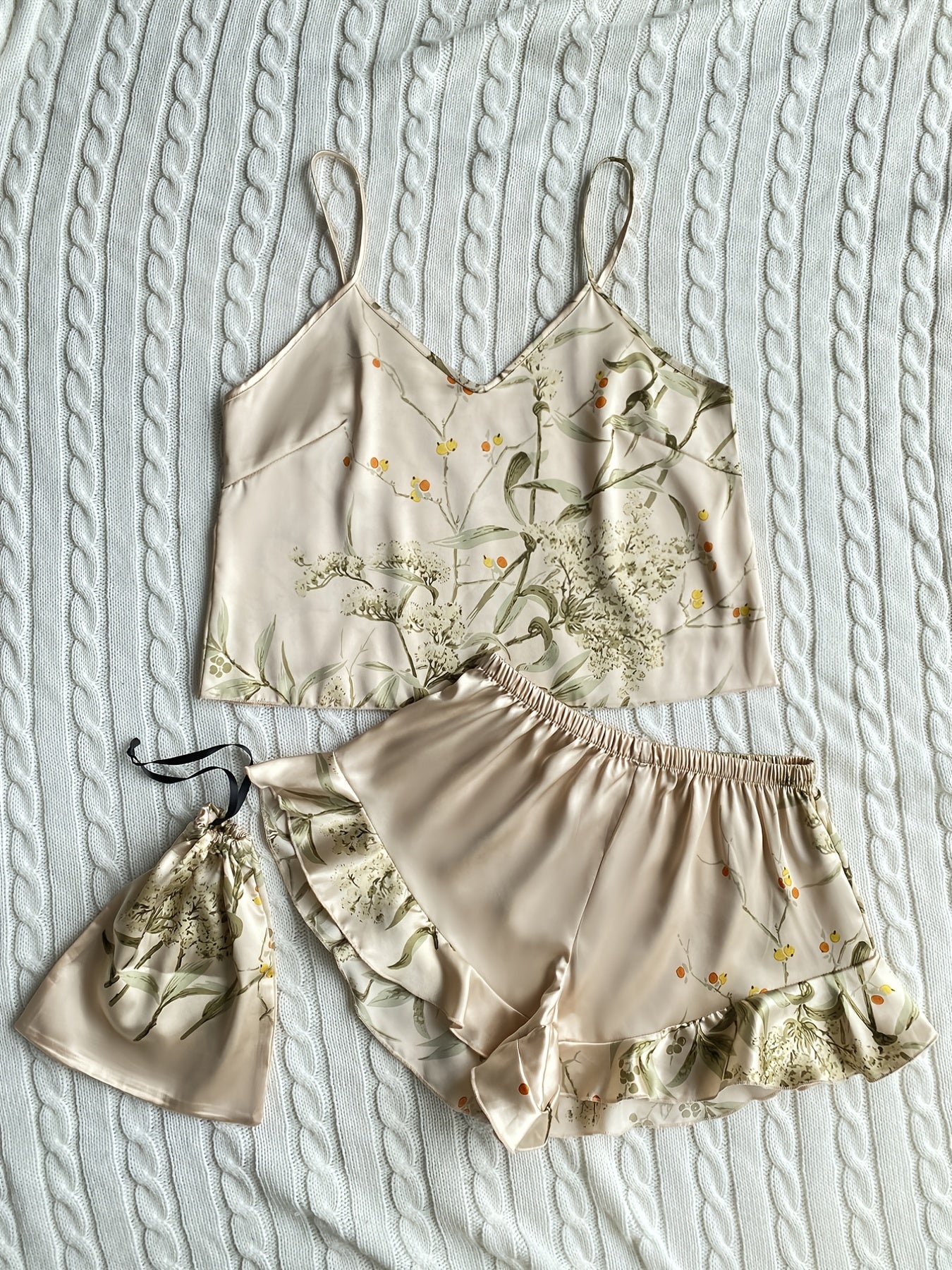 Elegant Floral Print Cami Tops & Ruffle Hem Shorts Pajama Set, Women's Sleepwear & Loungewear