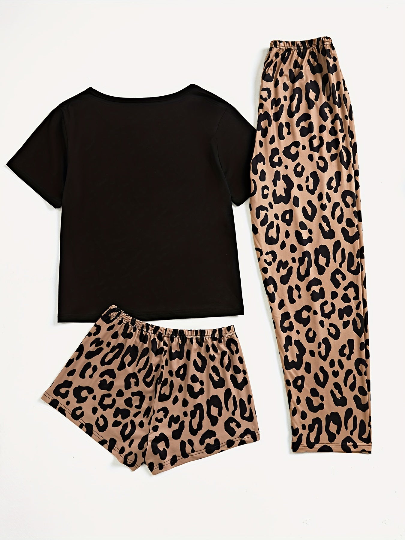 3pcs Lips & Leopard Print Pajama Set, Breathable Short Sleeve Slight Stretch Top + Loose Shorts + Long Pants, Women's Loungewear & Sleepwear