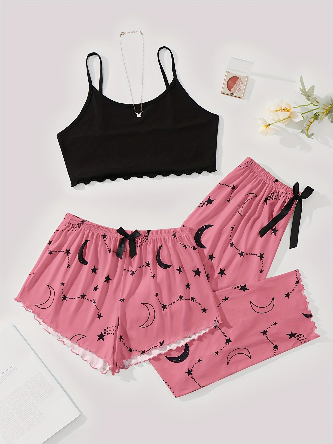 3-piece Summer Star Moon Print Pajamas Set, Ruffle-trimmed Sleeveless Suspender Top & Comfortable Shorts & Loose Long Pants, Women's Lingerie &  Sleepwear