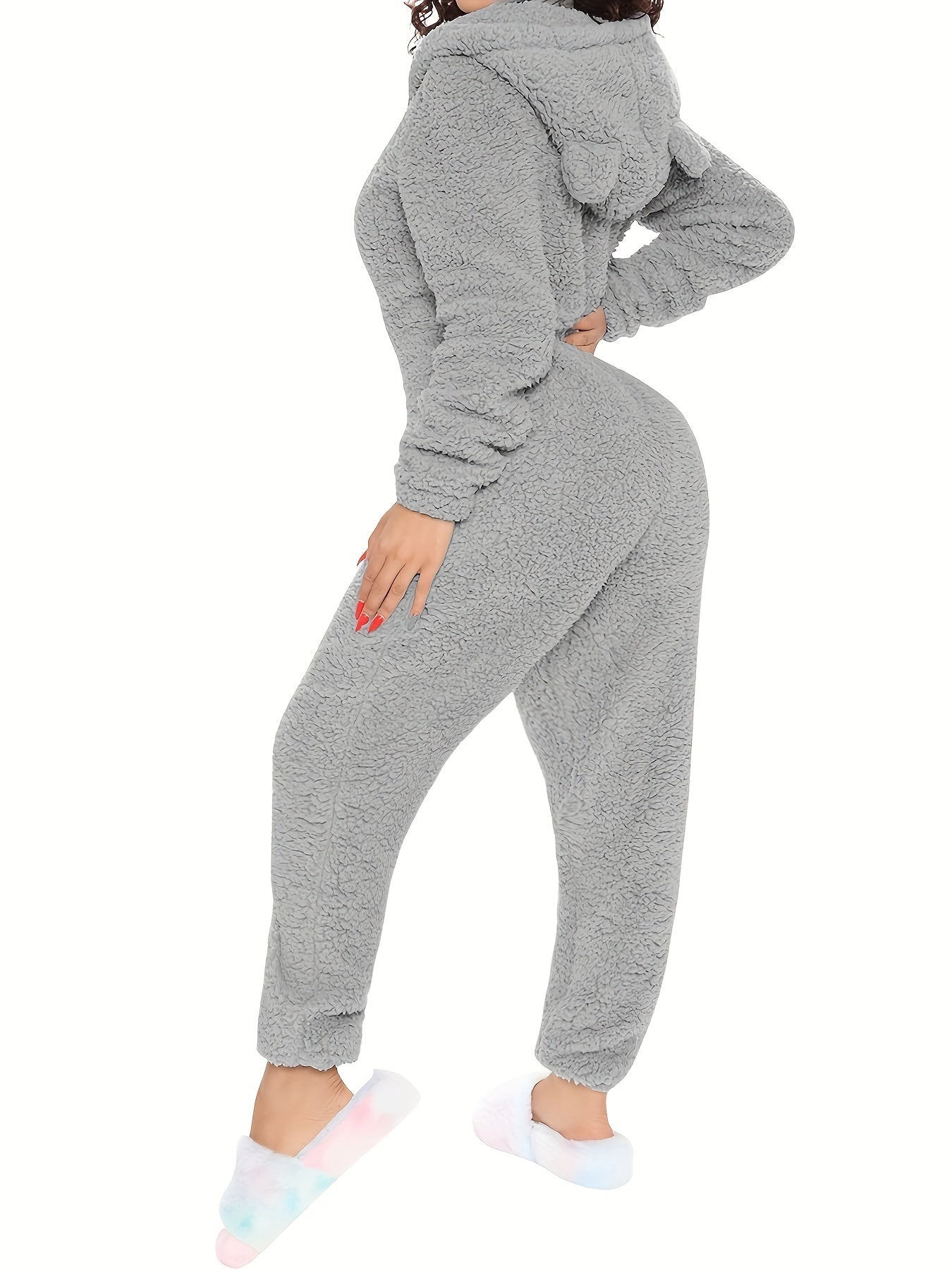 Fuzzy Hooded Pajama Jumpsuit, Comfy & Cute Long Sleeve Zipper Pajamas,  Women's Lingerie & Sleepwear