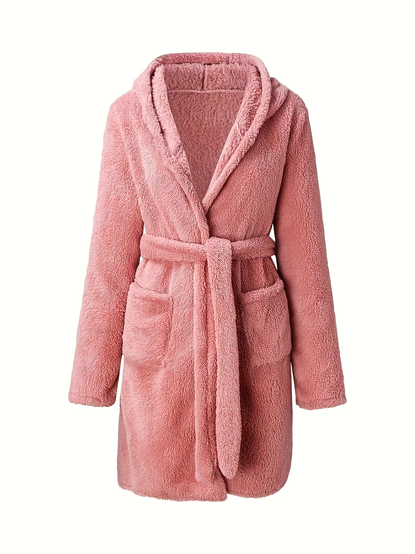 Solid Fuzzy Hooded Night Robe, Long Sleeve Pocket Robe With Belt, Women's Sleepwear
