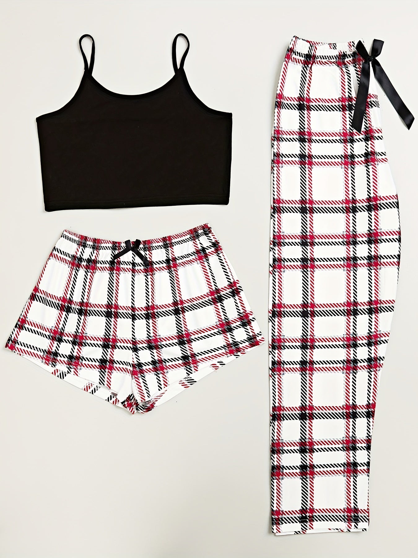 3-Piece Plaid Print Sleep Set, Solid Cami Top + Bow Shorts + Lounge Pants, Casual & Comfy Pajamas, Women's Loungewear & Sleepwear