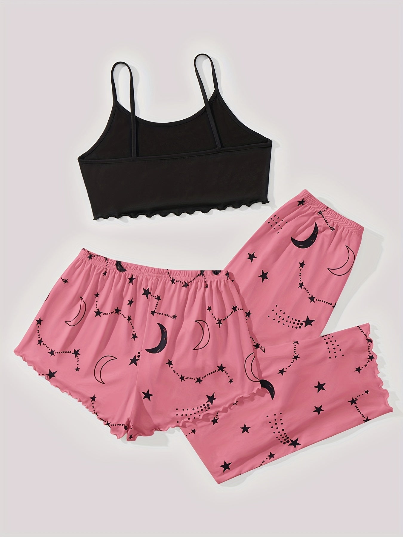 3-piece Summer Star Moon Print Pajamas Set, Ruffle-trimmed Sleeveless Suspender Top & Comfortable Shorts & Loose Long Pants, Women's Lingerie &  Sleepwear