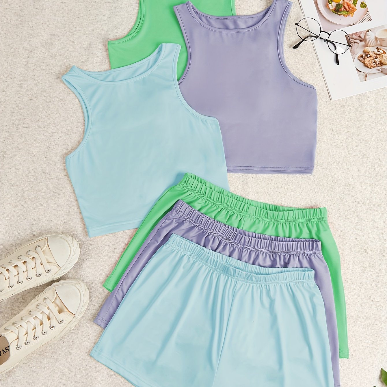 3 Sets Simple Solid Pajamas Set, Sleeveless Tank Top & Elastic Waistband Shorts PJ Set, Women's Loungewear & Sleepwear