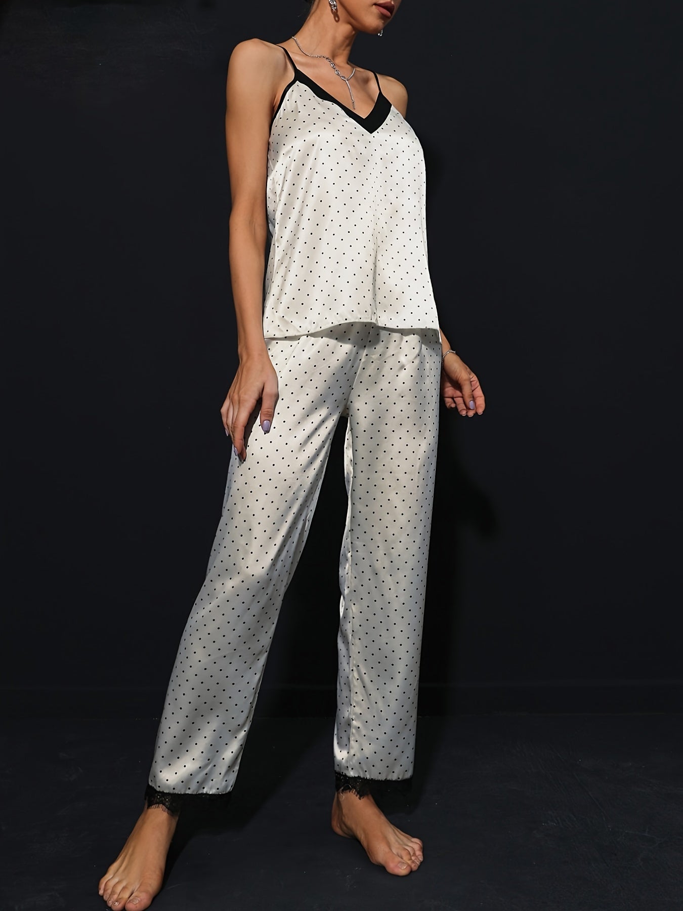 Polka Dot Satin Pajamas, Loose Cami Top & Pants Pajama Set, Women's Lingerie & Sleepwear