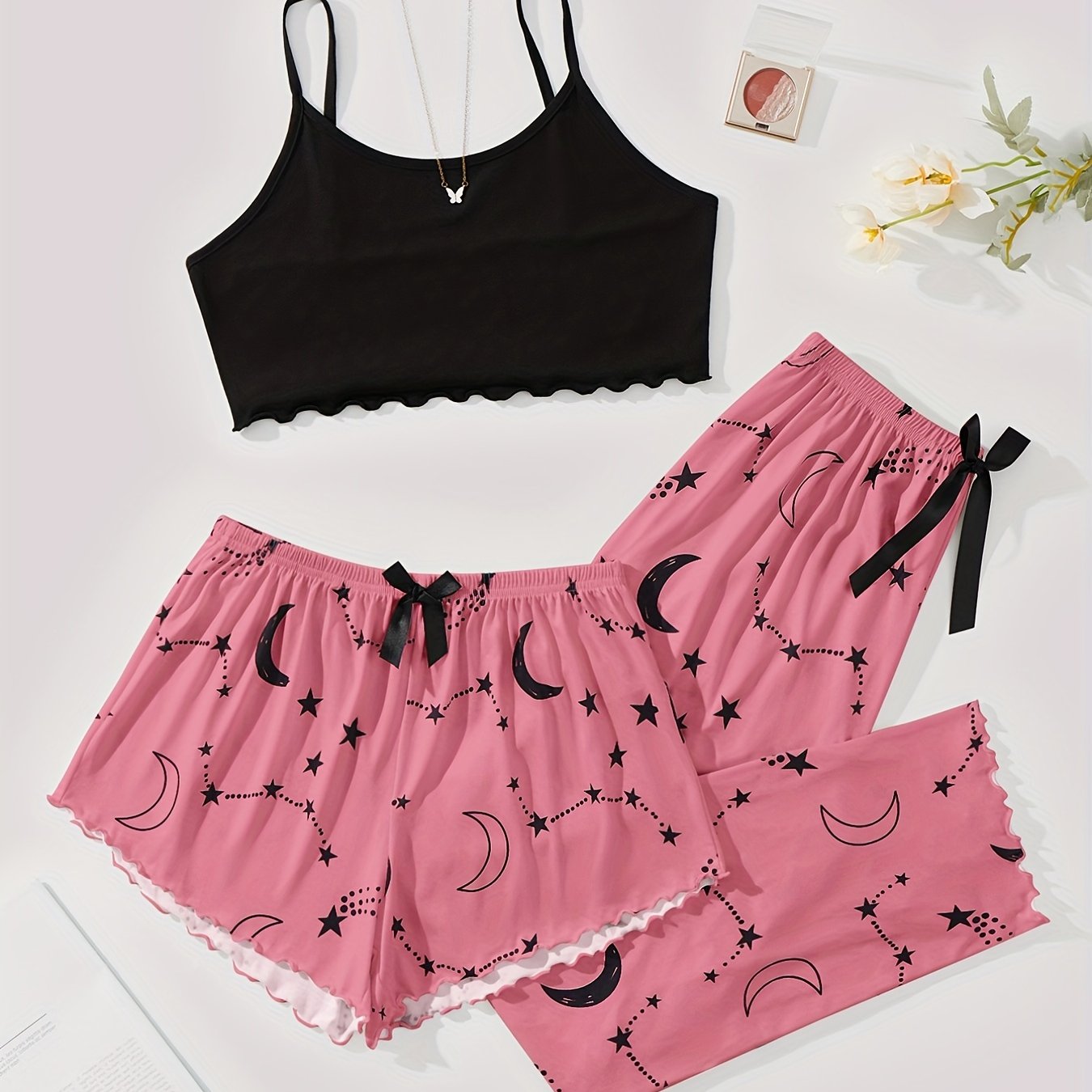 3-piece Summer Star Moon Print Pajamas Set, Ruffle-trimmed Sleeveless Suspender Top & Comfortable Shorts & Loose Long Pants, Women's Lingerie &  Sleepwear