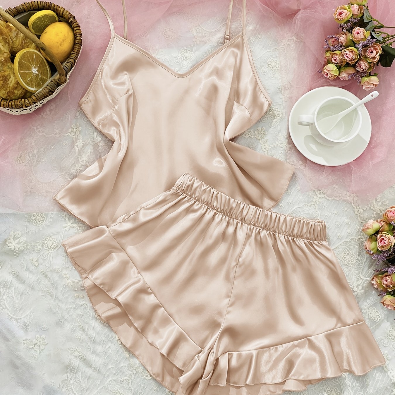 Sexy & Elegant Pajama , Satin Solid Plunge Neck Cami Tops & Elastic Waistband Ruffle Hem Shorts For Valentine's Gifts, Womens Loungewear & Sleepwear