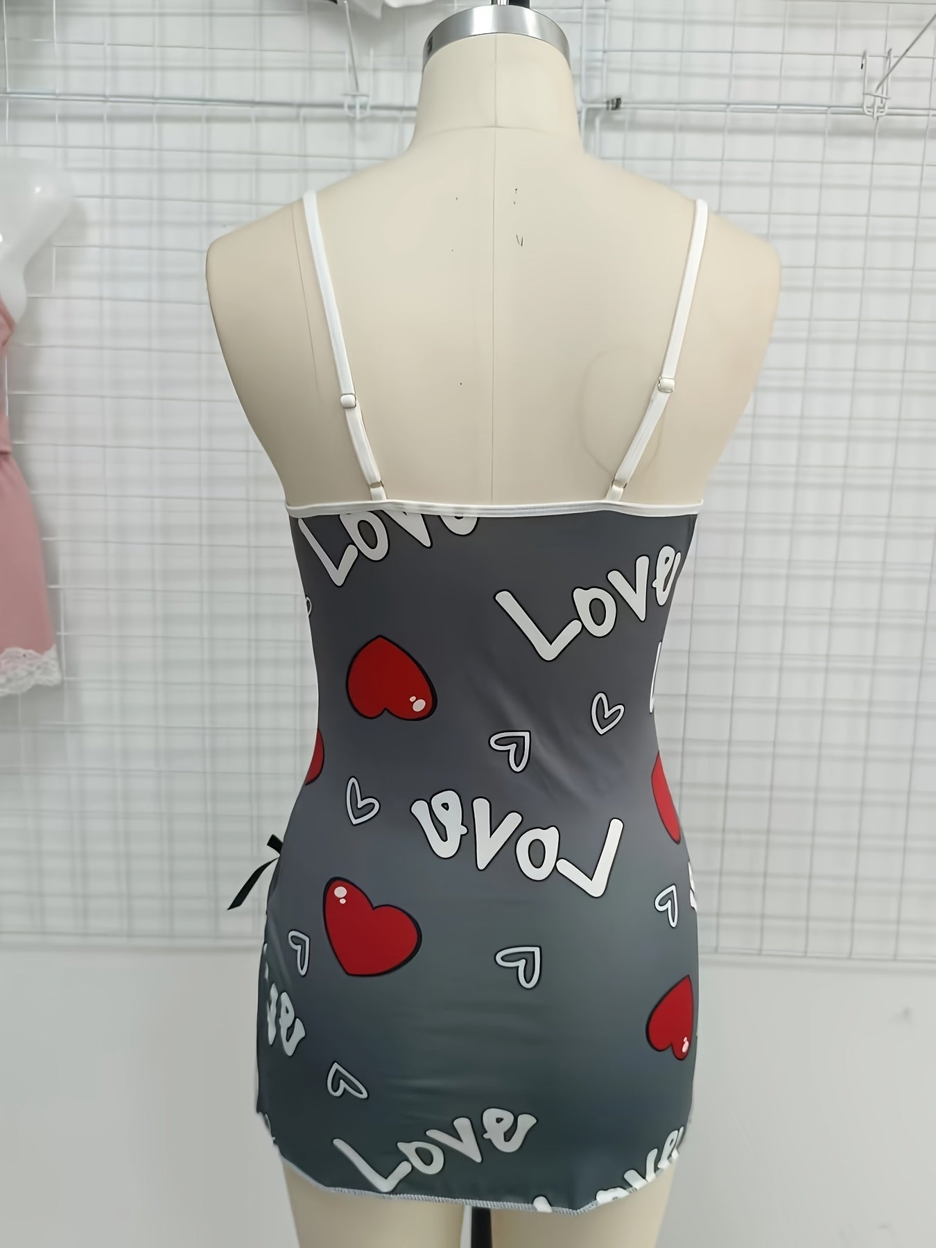 Heart & Letter Floral Slip Nightdress, Lace Trim Deep V Side Split Sleep Dress, Women's Sleepwear & Dresses