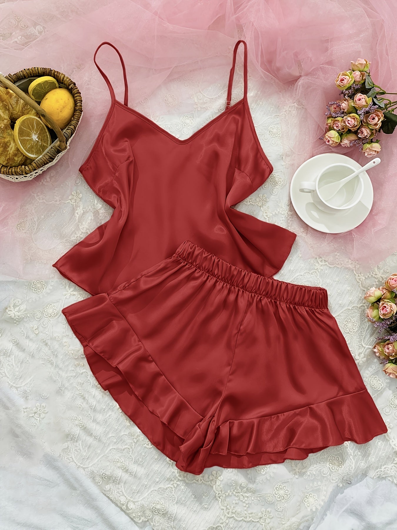 Sexy & Elegant Pajama , Satin Solid Plunge Neck Cami Tops & Elastic Waistband Ruffle Hem Shorts For Valentine's Gifts, Womens Loungewear & Sleepwear