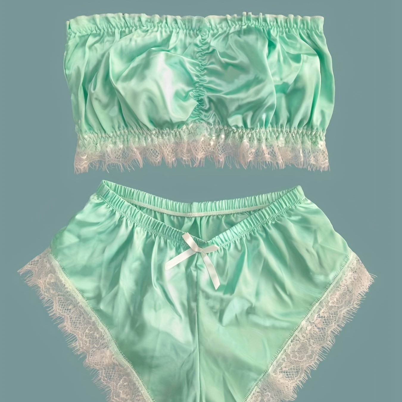 Lace Trim Pajama Set, Satin Tube Tops & Shorts Set, Women's Sleepwear & Loungewear