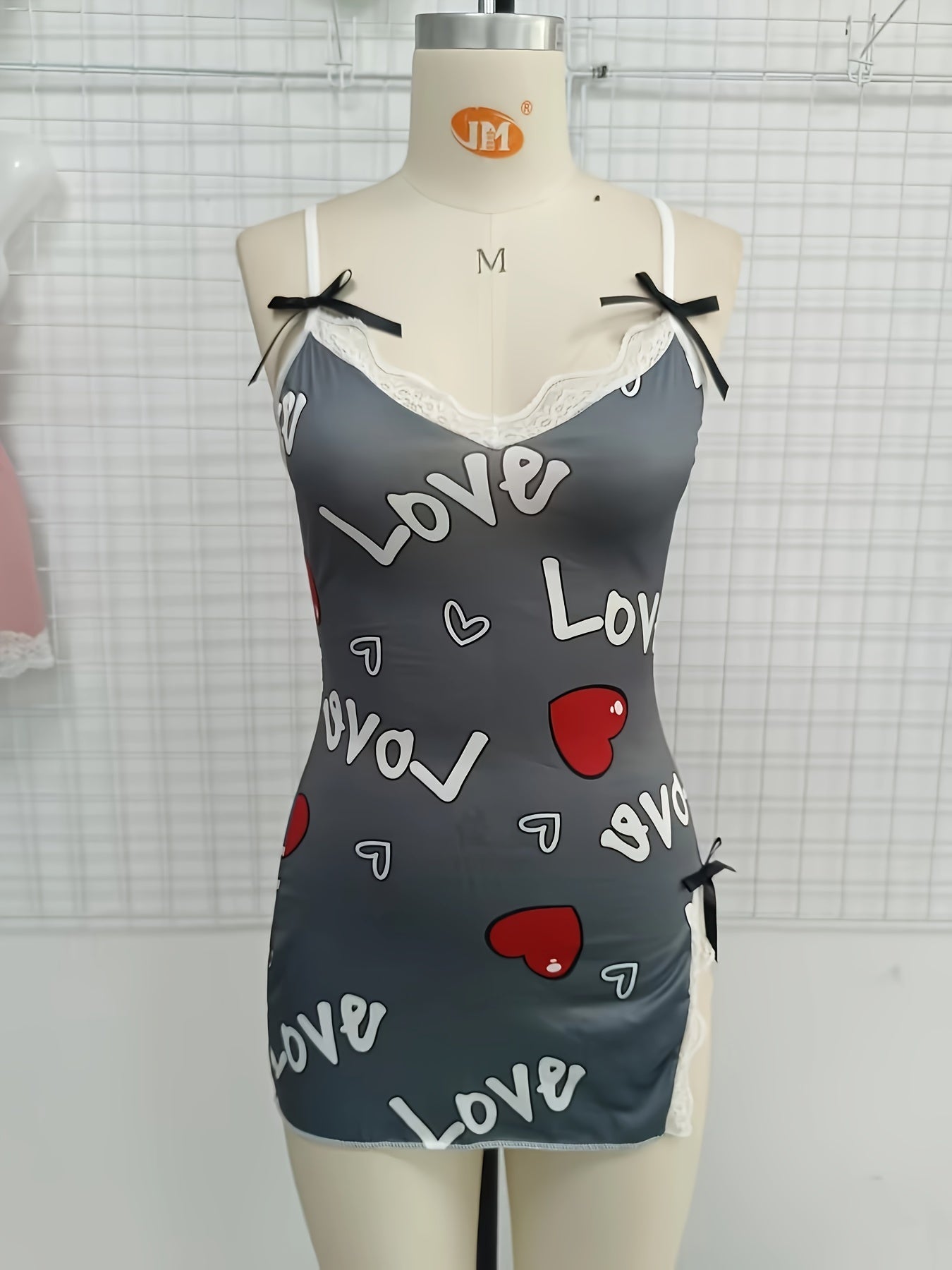 Heart & Letter Floral Slip Nightdress, Lace Trim Deep V Side Split Sleep Dress, Women's Sleepwear & Dresses