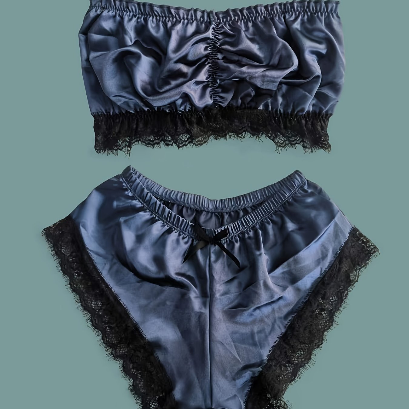Lace Trim Pajama Set, Satin Tube Tops & Shorts Set, Women's Sleepwear & Loungewear