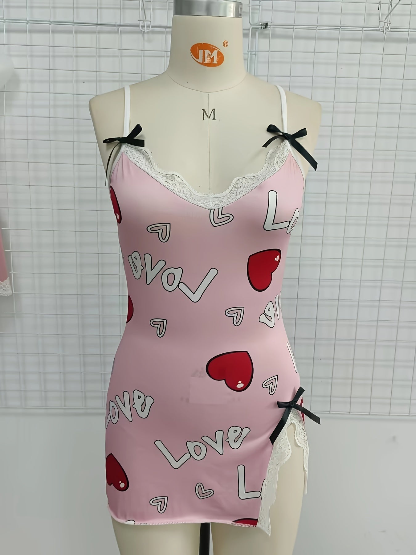 Heart & Letter Floral Slip Nightdress, Lace Trim Deep V Side Split Sleep Dress, Women's Sleepwear & Dresses